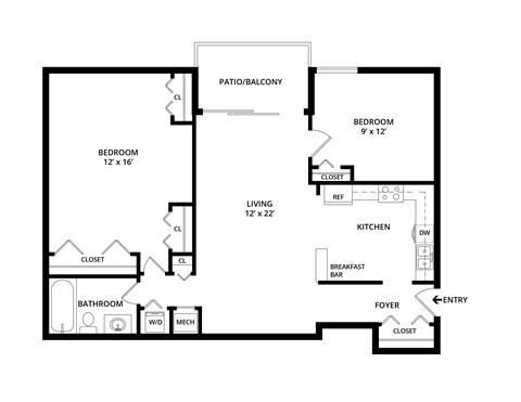 Floor plan for 2 beds, 1 bath, 912 sqft